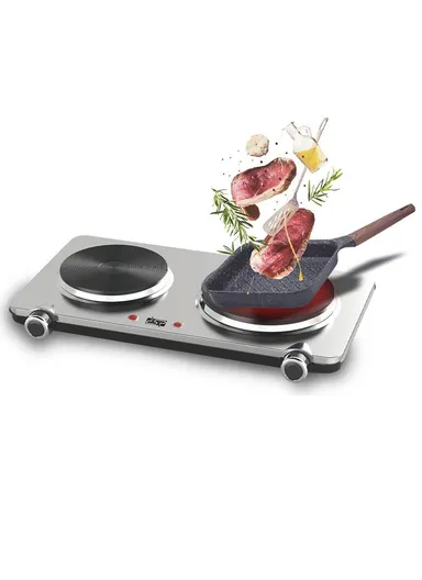 1000-1500W Double Burner Electric Hot Plate Countertop Stainless Steel Panel Cooking Stove KD4050 (L26 x W48.5 x H8)cm - Silver