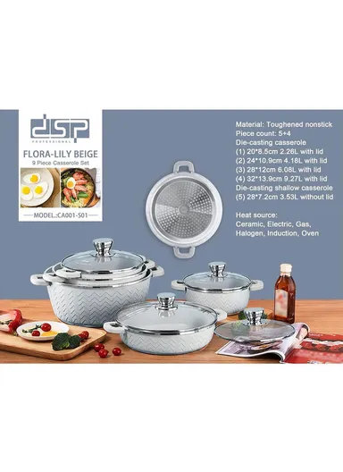9 PCS 20/24/28/32cm Non-Stick Toughened Casserole Set With 28cm Pot &amp; Glass Lids CA001-S01 - Beige