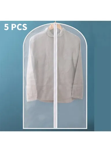 5Pc Clear Garment Bags Clothes Covers For Suits Dresses Coats (L140 x W60)cm - White
