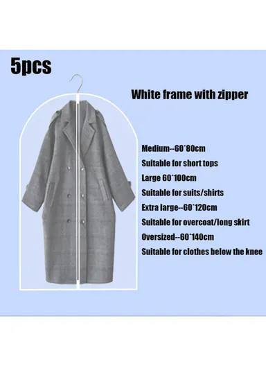 5Pc Clear Garment Bags Clothes Covers For Suits Dresses Coats (L140 x W60)cm - White