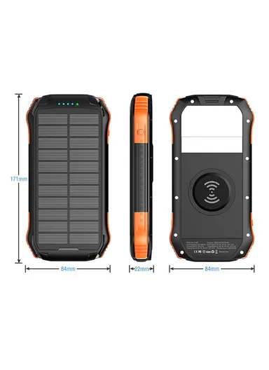 16000mAh 18W-10W Portable Solar Wireless Fast Charger &amp; Wire Charging, Waterproof &amp; Shockproof Solar Power Bank F16W (L17.1 x  W8.4 x H2.2)cm - Black