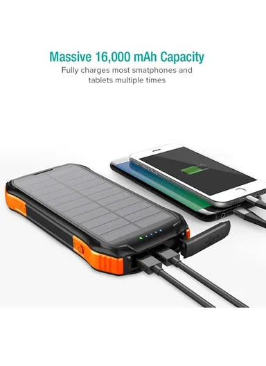 16000mAh 18W-10W Portable Solar Wireless Fast Charger &amp; Wire Charging, Waterproof &amp; Shockproof Solar Power Bank F16W (L17.1 x  W8.4 x H2.2)cm - Black