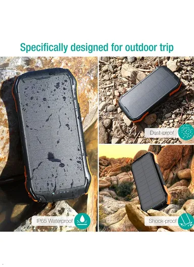 16000mAh 18W-10W Portable Solar Wireless Fast Charger &amp; Wire Charging, Waterproof &amp; Shockproof Solar Power Bank F16W (L17.1 x  W8.4 x H2.2)cm - Black
