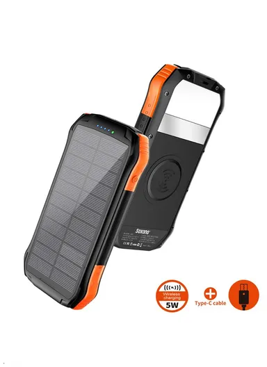 16000mAh 18W-10W Portable Solar Wireless Fast Charger &amp; Wire Charging, Waterproof &amp; Shockproof Solar Power Bank F16W (L17.1 x  W8.4 x H2.2)cm - Black