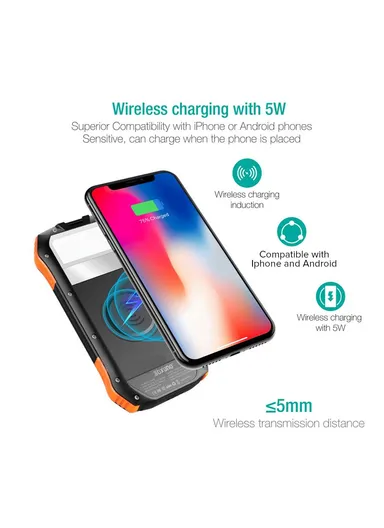 16000mAh 18W-10W Portable Solar Wireless Fast Charger &amp; Wire Charging, Waterproof &amp; Shockproof Solar Power Bank F16W (L17.1 x  W8.4 x H2.2)cm - Black