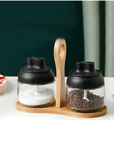 2 Pcs Pot With Plastic Lid &amp; Spoon &amp; Wooden Tray For Sugar Salt Pepper
