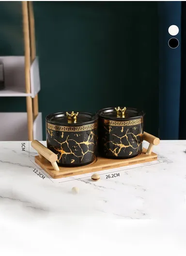 2 Pcs Ceramic Jar Set With Bamboo Tray