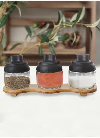 3 Pcs Pot With Plastic Lid &amp; Spoon &amp; Wooden Tray For Sugar Salt Pepper