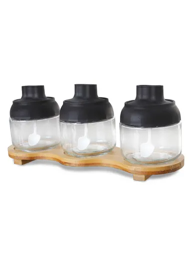 3 Pcs Pot With Plastic Lid &amp; Spoon &amp; Wooden Tray For Sugar Salt Pepper