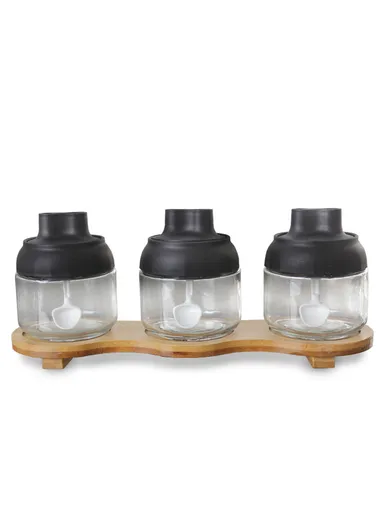 3 Pcs Pot With Plastic Lid &amp; Spoon &amp; Wooden Tray For Sugar Salt Pepper