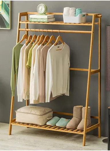 Bamboo Wooden Coat Stand Rack Hanger With Top &amp; Bottom Shelves Clothes Storage Organizer YMJ-ZZ (W98.5 x H140)cm