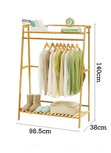 Bamboo Wooden Coat Stand Rack Hanger With Top &amp; Bottom Shelves Clothes Storage Organizer YMJ-ZZ (W98.5 x H140)cm