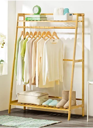 Bamboo Wooden Coat Stand Rack Hanger With Top &amp; Bottom Shelves Clothes Storage Organizer YMJ-ZZ (W98.5 x H140)cm