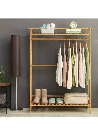 Bamboo Wooden Coat Stand Rack Hanger With Top &amp; Bottom Shelves Clothes Storage Organizer YMJ-ZZ (W98.5 x H140)cm