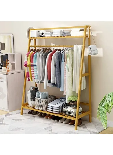 Bamboo Wooden Coat Stand Rack Hanger With Top &amp; Bottom Shelves Clothes Storage Organizer YMJ-ZZ (W98.5 x H140)cm