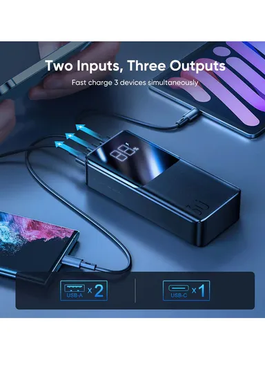 22.5W 30000mAh QC3.0 &amp; PD3.0 Dual Input 3-Way Output Power Bank JR-QP193 - Black