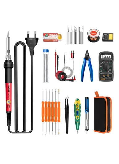25Pcs Digital Multimeter 60W Electric Soldering Iron Kit with Replaceable Welding Head Electronic Repair Set SL101 (W14.7 x D5.8 x H26.4) cm