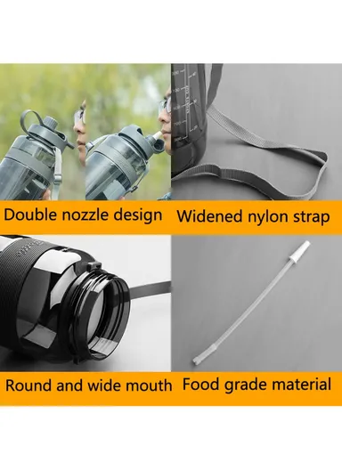 2000ml Large Capacity Plastic Sports Straw Water Bottle, Outdoor Activity Water Kettle (D10.5 x H29.4)cm - Grey