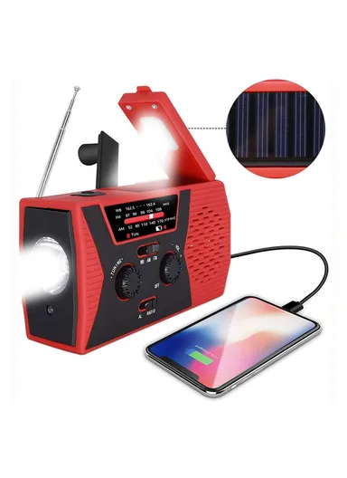 2000mAh Solar Power Weather LED Broadcast NOAA/AM/FM Radio With Hand Crank Headphone Jack Reading Lamp Power Bank - Red