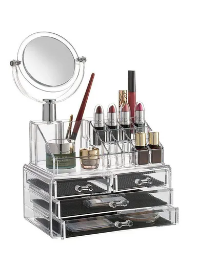 4 Tiers 4 Drawers Cosmetic Jewelry Storage Box Makeup Organizer Container With Mirror (W22 x D14 x H18)cm