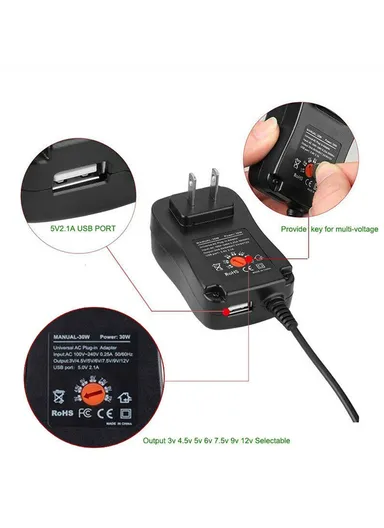 30W Pc &amp; Fireproofing Universal AC Plug-In Adapter 6 DC Tips (L8 x W4.5 x T7)cm