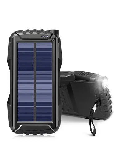 20000mAh Portable Outdoor Solar Power Bank Camping Charger External Battery Pack with LED Flashlight TS-819 - Black 