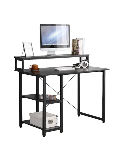 K-Shape Ergonomic MDF + Metal Computer Desk With Book Shelf-Black &amp; Monitor Stand (W120 x D60 x H74)cm - Black