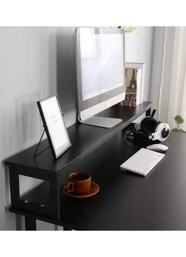 K-Shape Ergonomic MDF + Metal Computer Desk With Book Shelf-Black &amp; Monitor Stand (W120 x D60 x H74)cm - Black