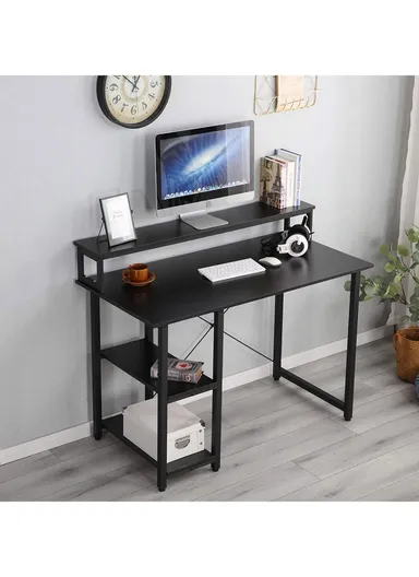 K-Shape Ergonomic MDF + Metal Computer Desk With Book Shelf-Black &amp; Monitor Stand (W120 x D60 x H74)cm - Black