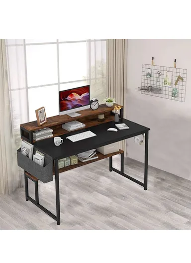 K-Shaped Ergonomic MDF + Metal Study Office Desk with 2 Shelves, Multi-Purpose Mini Monitor Office Stand (W120 x D60 x H89.5)cm - Black + Tiger Wood Grain