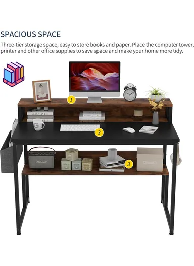 K-Shaped Ergonomic MDF + Metal Study Office Desk with 2 Shelves, Multi-Purpose Mini Monitor Office Stand (W120 x D60 x H89.5)cm - Black + Tiger Wood Grain