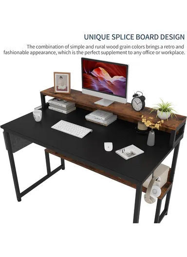 K-Shaped Ergonomic MDF + Metal Study Office Desk with 2 Shelves, Multi-Purpose Mini Monitor Office Stand (W120 x D60 x H89.5)cm - Black + Tiger Wood Grain