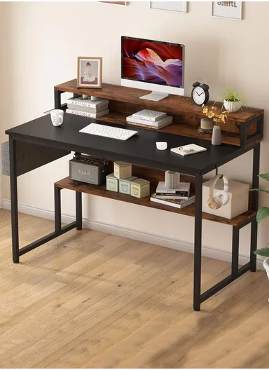 K-Shaped Ergonomic MDF + Metal Study Office Desk with 2 Shelves, Multi-Purpose Mini Monitor Office Stand (W120 x D60 x H89.5)cm - Black + Tiger Wood Grain
