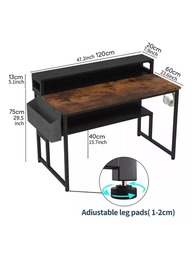 K-Shaped Ergonomic MDF + Metal Study Office Desk with 2 Shelves, Multi-Purpose Mini Monitor Office Stand (W120 x D60 x H89.5)cm - Black + Tiger Wood Grain