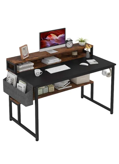 K-Shaped Ergonomic MDF + Metal Study Office Desk with 2 Shelves, Multi-Purpose Mini Monitor Office Stand (W120 x D60 x H89.5)cm - Black + Tiger Wood Grain