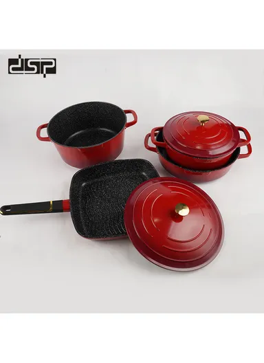 11 Pcs 24/28cm Casserole Cookware Set With 28cm Shallow Casserole, Square Plate, Spatula, Apron, Ladle, Glove, Pasta Server &amp; 2 Lids CA013-S01 - Red