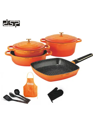 11 Pcs 24/28cm Casserole Cookware Set With 28cm Shallow Casserole, Square Plate, Spatula, Apron, Ladle, Glove, Pasta Server &amp; 2 Lids CA013-S01 - Red