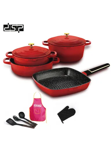 11 Pcs 24/28cm Casserole Cookware Set With 28cm Shallow Casserole, Square Plate, Spatula, Apron, Ladle, Glove, Pasta Server &amp; 2 Lids CA013-S01 - Red