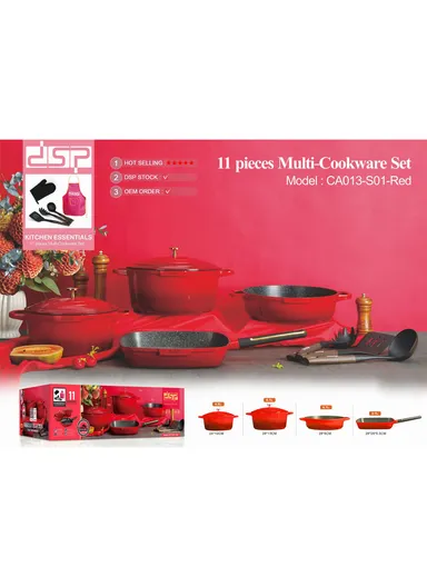 11 Pcs 24/28cm Casserole Cookware Set With 28cm Shallow Casserole, Square Plate, Spatula, Apron, Ladle, Glove, Pasta Server &amp; 2 Lids CA013-S01 - Red