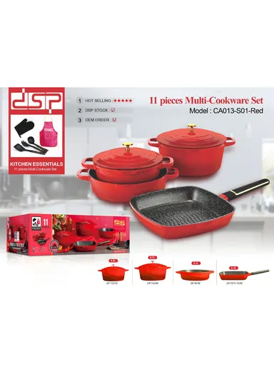 11 Pcs 24/28cm Casserole Cookware Set With 28cm Shallow Casserole, Square Plate, Spatula, Apron, Ladle, Glove, Pasta Server &amp; 2 Lids CA013-S01 - Red