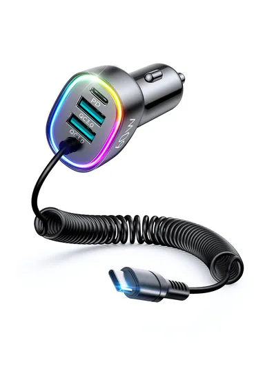 4 In 1 60W Fast Car Charger With Coiled Type-C Cable JR-CL19