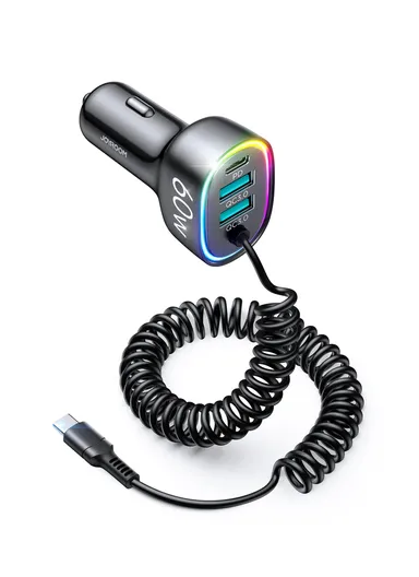 4 In 1 60W Fast Car Charger With Coiled Type-C Cable JR-CL19