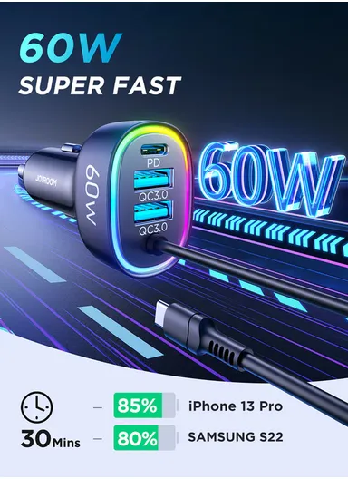 4 In 1 60W Fast Car Charger With Coiled Type-C Cable JR-CL19