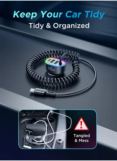 4 In 1 60W Fast Car Charger With Coiled Type-C Cable JR-CL19