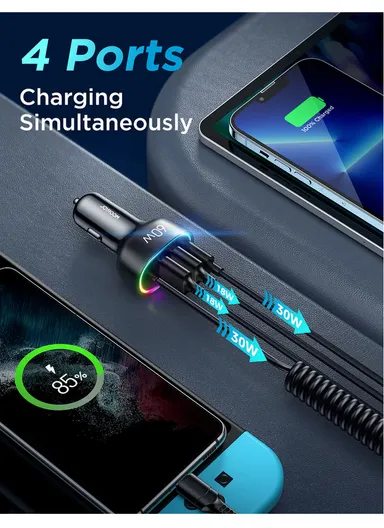 4 In 1 60W Fast Car Charger With Coiled Type-C Cable JR-CL19