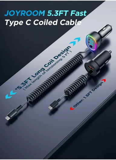 4 In 1 60W Fast Car Charger With Coiled Type-C Cable JR-CL19