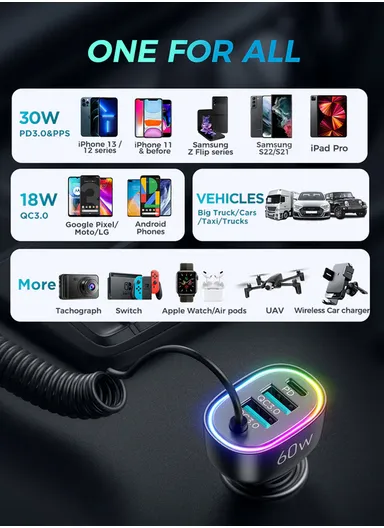 4 In 1 60W Fast Car Charger With Coiled Type-C Cable JR-CL19