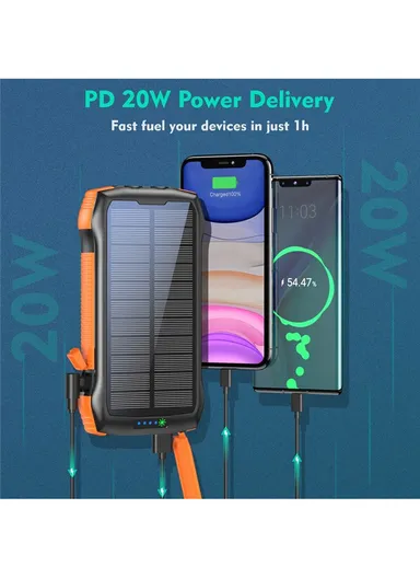 20000mAh 10W Wireless Phone Charger Solar Power Bank With 3 USB, Type-C Output &amp; Flashlight (L17.8 x W9.3 x H3)cm