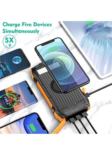 20000mAh 10W Wireless Phone Charger Solar Power Bank With 3 USB, Type-C Output &amp; Flashlight (L17.8 x W9.3 x H3)cm