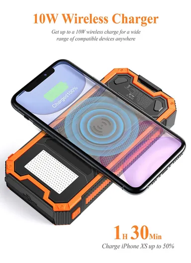20000mAh 10W Wireless Phone Charger Solar Power Bank With 3 USB, Type-C Output &amp; Flashlight (L17.8 x W9.3 x H3)cm